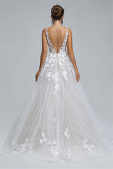 A-line Sheer Straps V-neck Tulle Applique Floor-length Sleeveless Wedding Dress Cover-stylesnuggle