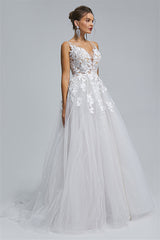 A-line Sheer Straps V-neck Tulle Applique Floor-length Sleeveless Wedding Dress Cover-stylesnuggle