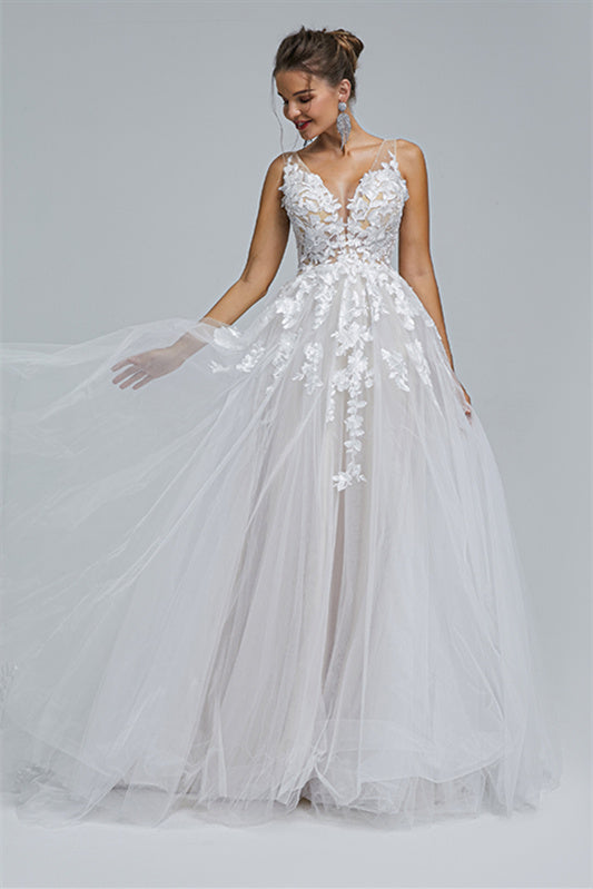 A-line Sheer Straps V-neck Tulle Applique Floor-length Sleeveless Wedding Dress Cover-stylesnuggle