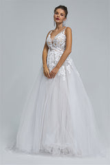 A-line Sheer Straps V-neck Tulle Applique Floor-length Sleeveless Wedding Dress Cover-stylesnuggle