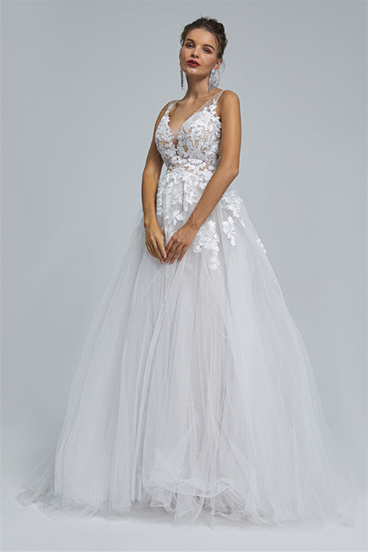 A-line Sheer Straps V-neck Tulle Applique Floor-length Sleeveless Wedding Dress Cover-stylesnuggle