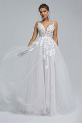 A-line Sheer Straps V-neck Tulle Applique Floor-length Sleeveless Wedding Dress Cover-stylesnuggle