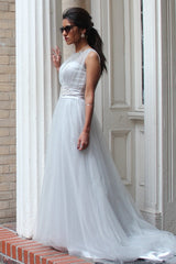 A-line Small Round Collar Floor Length Tulle Beaded Evening Dress-stylesnuggle