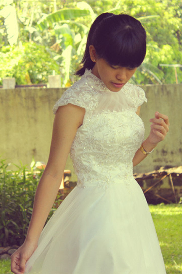 A-line Small Round Collar Tea Length Short Sleeves Tulle Applique Lace Wedding Dress-stylesnuggle