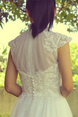 A-line Small Round Collar Tea Length Short Sleeves Tulle Applique Lace Wedding Dress-stylesnuggle