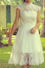 A-line Small Round Collar Tea Length Short Sleeves Tulle Applique Lace Wedding Dress-stylesnuggle