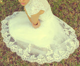 A-line Small Round Collar Tea Length Short Sleeves Tulle Applique Lace Wedding Dress-stylesnuggle