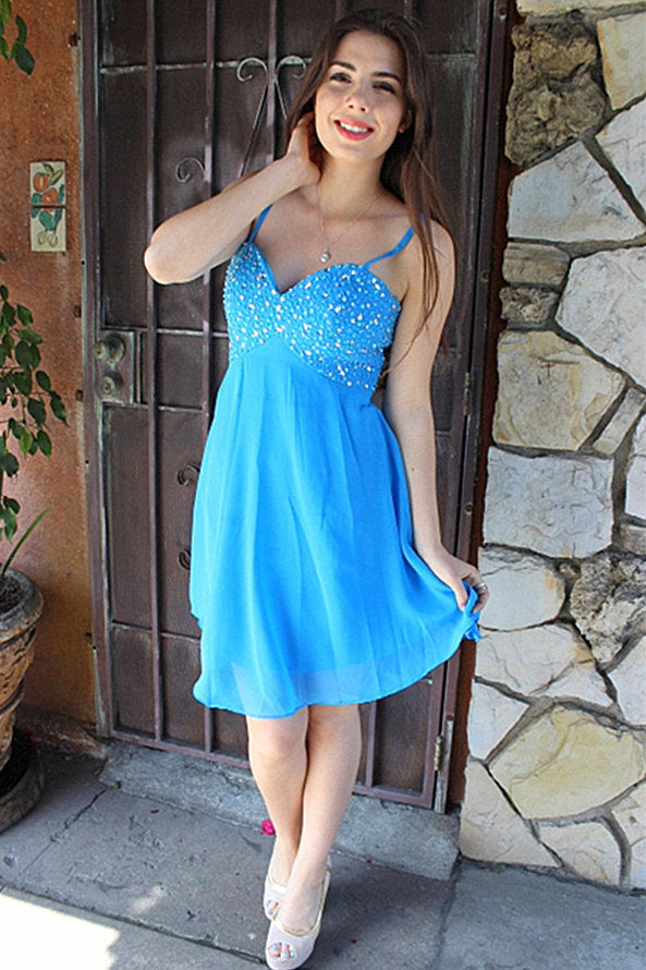 A-line Spaghetti Strap Knee Length Chiffon Rhinestone Prom Dress-stylesnuggle