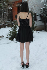 A-line Spaghetti Strap Knee Length Tulle Rhinestone Homecoming Dress-stylesnuggle