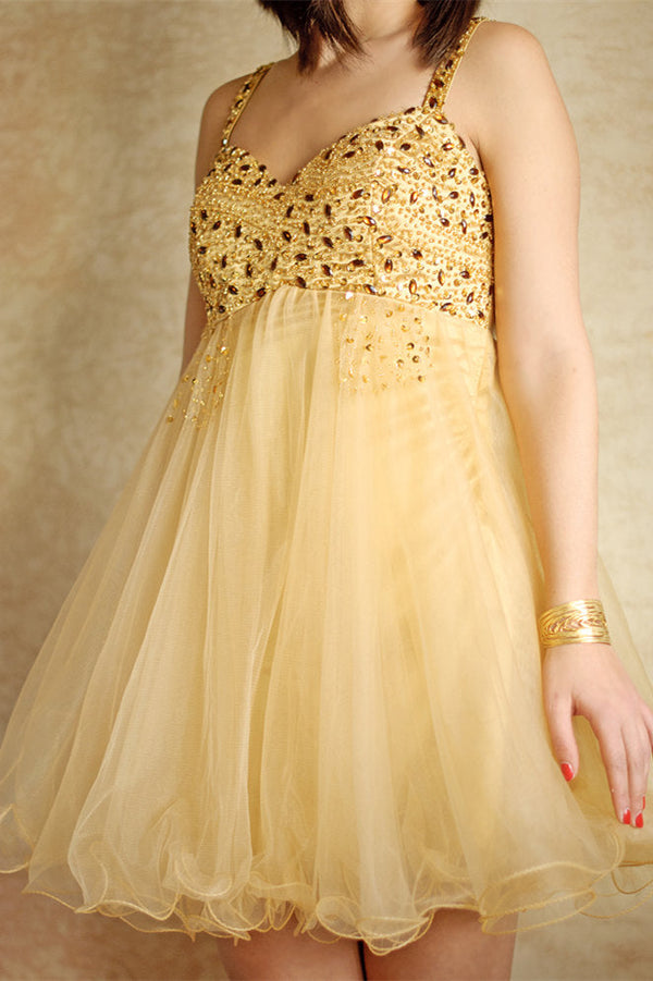 A-line Spaghetti Strap Knee Length Tulle Rhinestone Prom Dress-stylesnuggle