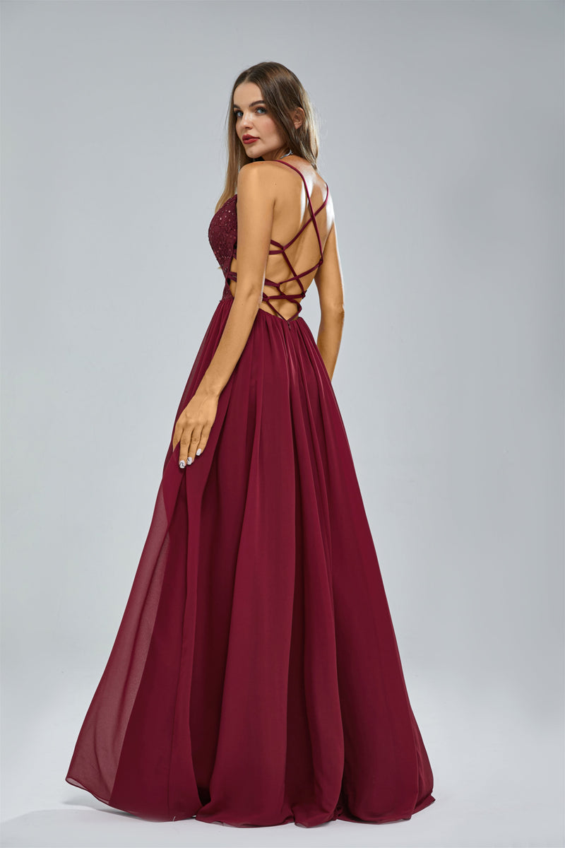 A-line Spaghetti strap Lace Sequined Floor-length Sleeveless Backless High Split Elegant Prom Dress-stylesnuggle