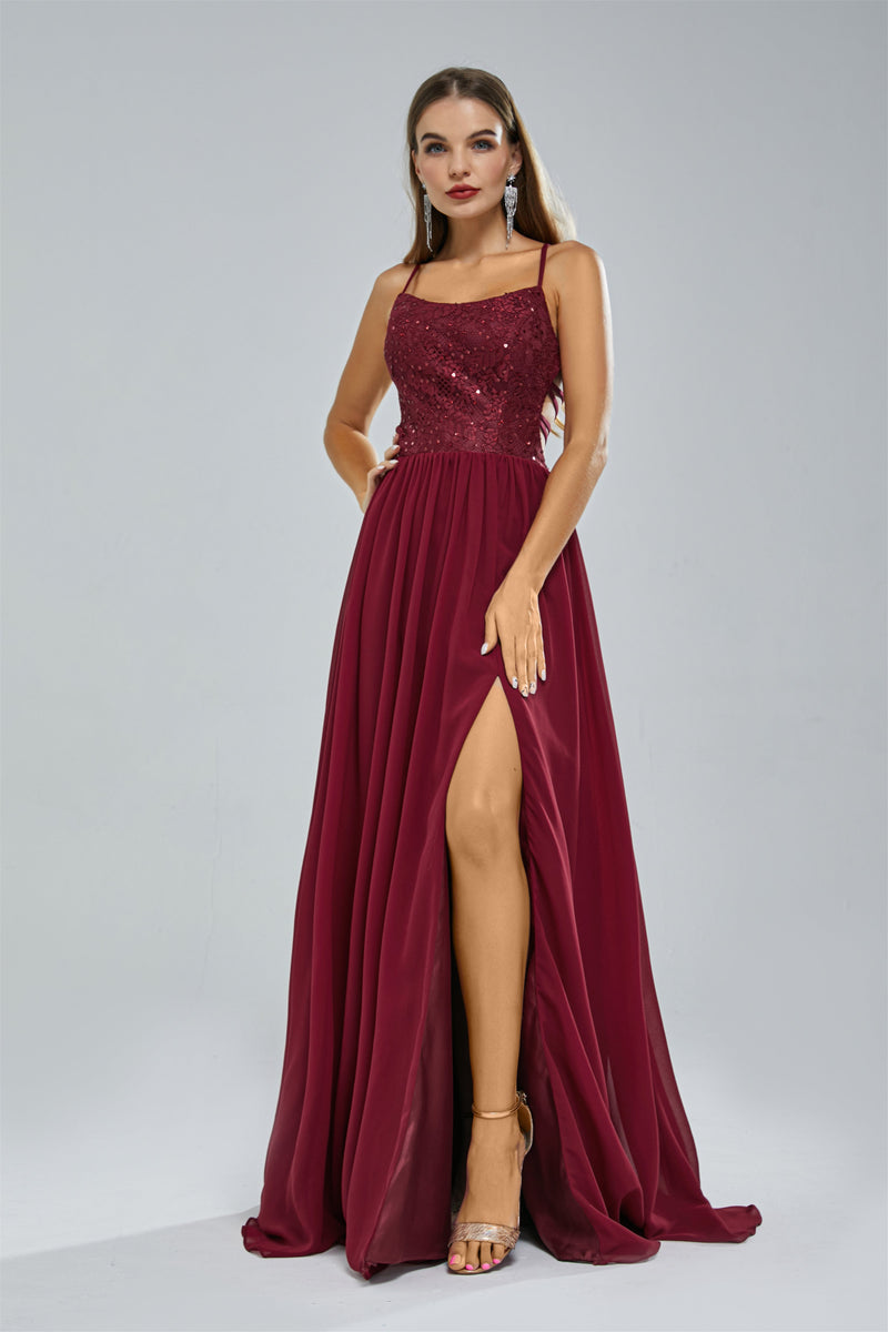 A-line Spaghetti strap Lace Sequined Floor-length Sleeveless Backless High Split Elegant Prom Dress-stylesnuggle