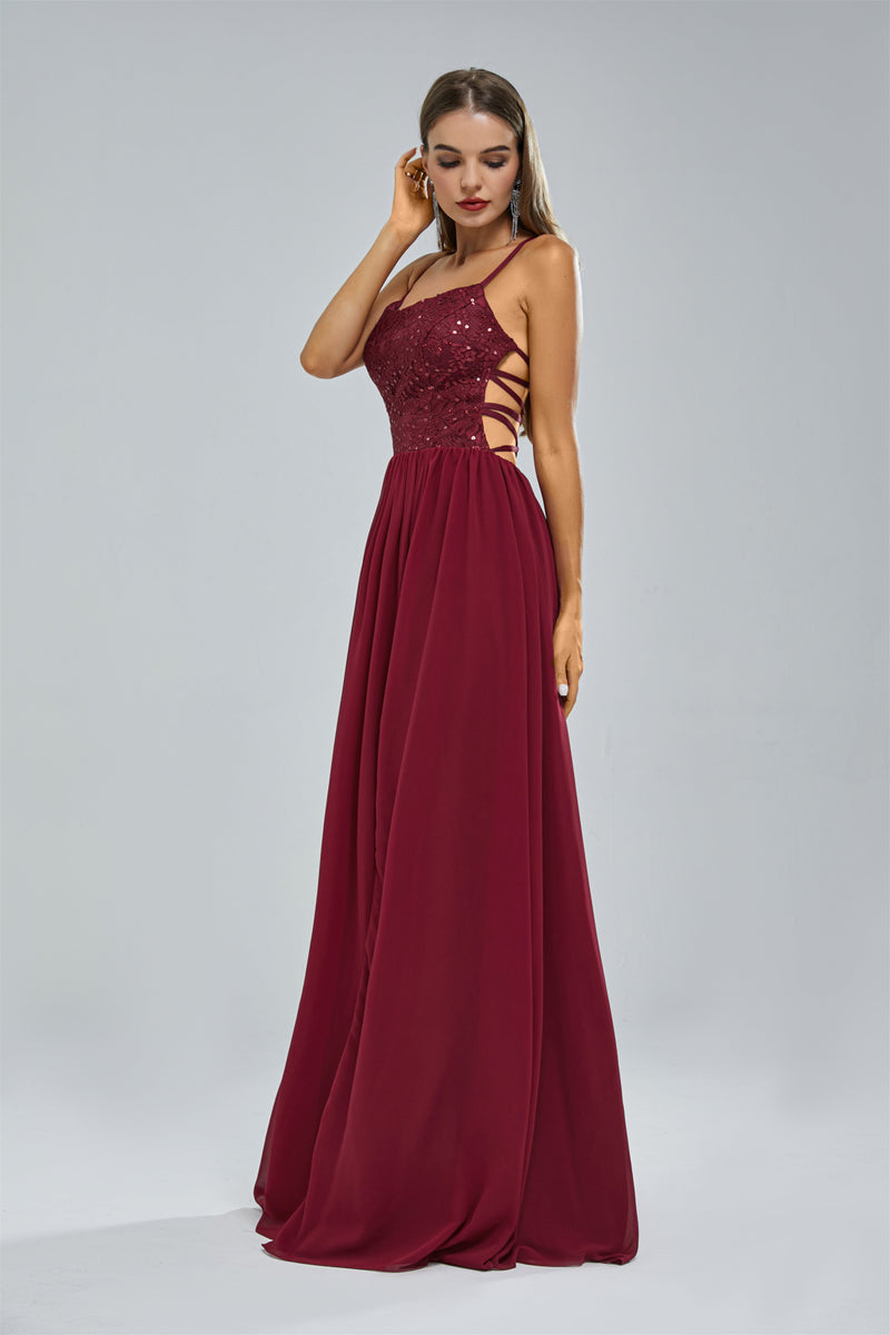 A-line Spaghetti strap Lace Sequined Floor-length Sleeveless Backless High Split Elegant Prom Dress-stylesnuggle