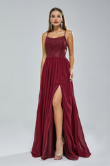 A-line Spaghetti strap Lace Sequined Floor-length Sleeveless Backless High Split Elegant Prom Dress-stylesnuggle