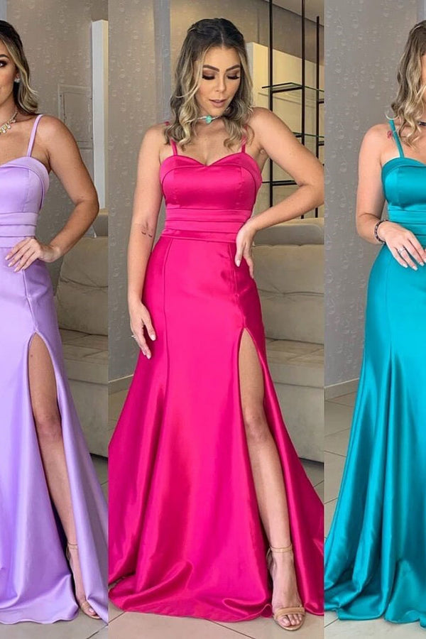 A-line Spaghetti strap Sleeveless Sweetheart High Split Floor-length Prom Dress-stylesnuggle