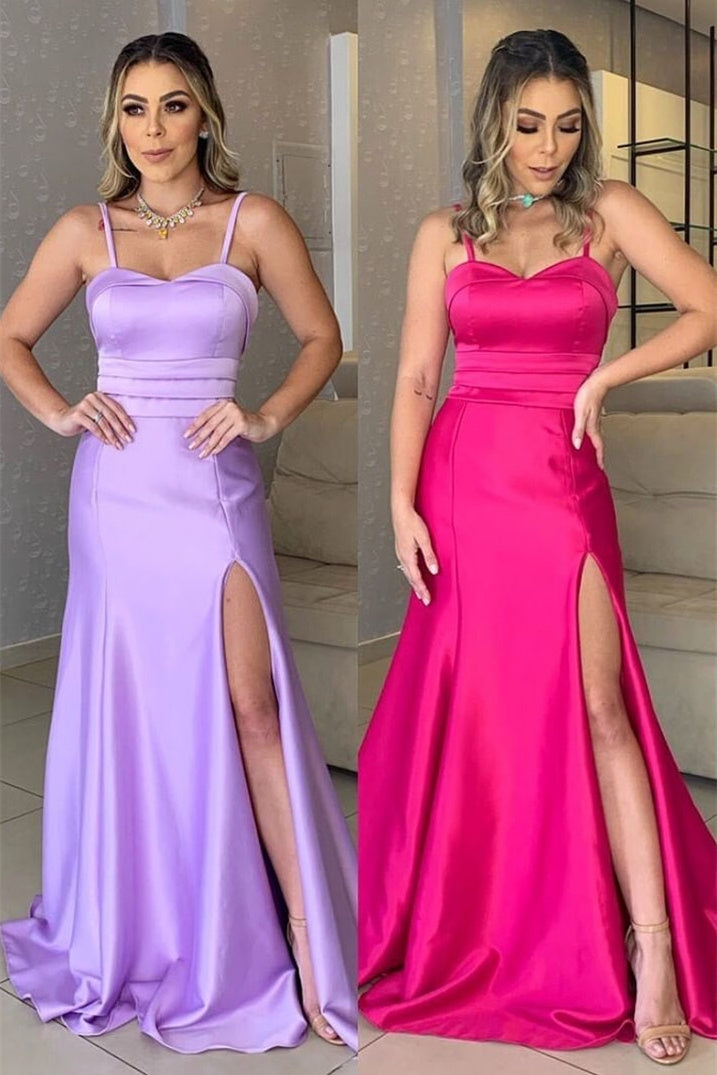 A-line Spaghetti strap Sleeveless Sweetheart High Split Floor-length Prom Dress-stylesnuggle