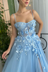 A-line Spaghetti strap Sweetheart Floor-length Sleeveless Split Front Appliques Lace Prom Dress-stylesnuggle