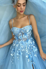 A-line Spaghetti strap Sweetheart Floor-length Sleeveless Split Front Appliques Lace Prom Dress-stylesnuggle