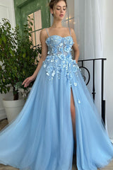 A-line Spaghetti strap Sweetheart Floor-length Sleeveless Split Front Appliques Lace Prom Dress-stylesnuggle