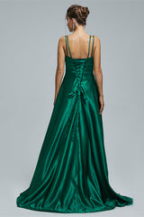 A-line Spaghetti strap Sweetheart Satin Floor-length Sleeveless Backless High Split Prom Dress-stylesnuggle