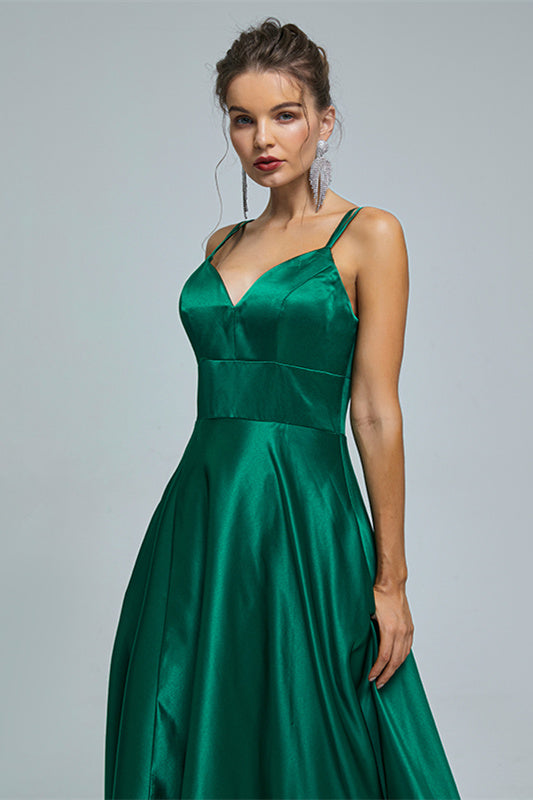 A-line Spaghetti strap Sweetheart Satin Floor-length Sleeveless Backless High Split Prom Dress-stylesnuggle