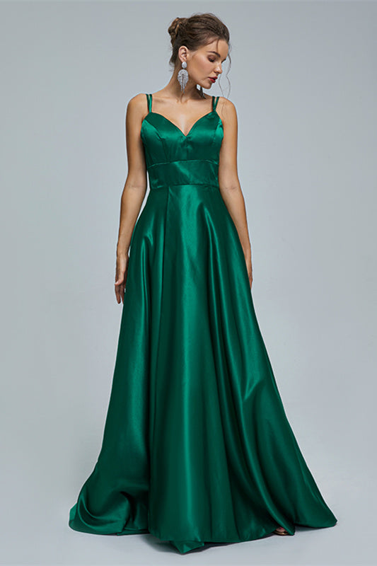 A-line Spaghetti strap Sweetheart Satin Floor-length Sleeveless Backless High Split Prom Dress-stylesnuggle