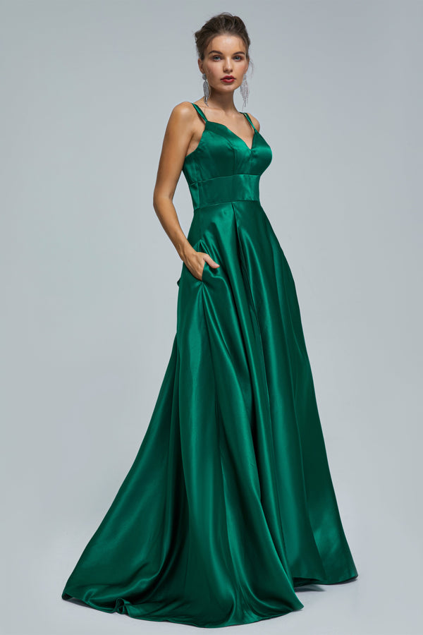 A-line Spaghetti strap Sweetheart Satin Floor-length Sleeveless Backless High Split Prom Dress-stylesnuggle