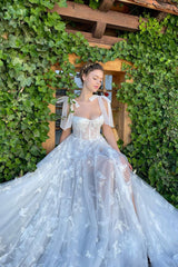 A-line Spaghetti strap Sweetheart Sleeveless High Split Floor-length Lace Puffy Flowers Wedding Dress-stylesnuggle