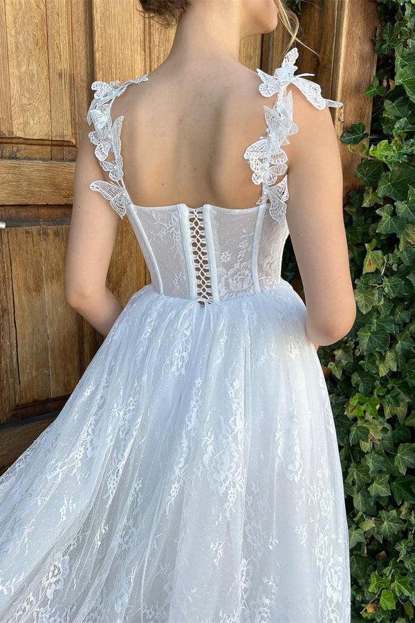 A-line Spaghetti strap Sweetheart Sleeveless Tea-length Lace Puffy Flowers Wedding Dress-stylesnuggle