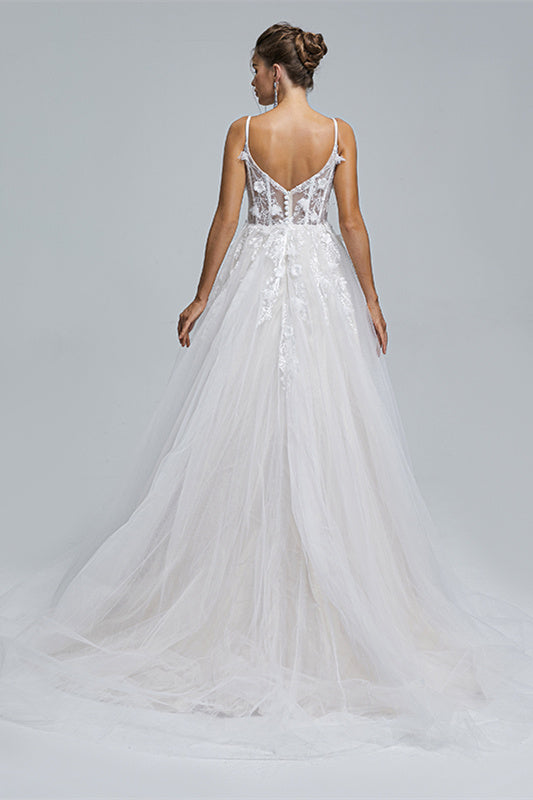 A-line Spaghetti strap Sweetheart Tulle Applique Floor-length Sleeveless Wedding Dress Cover-stylesnuggle