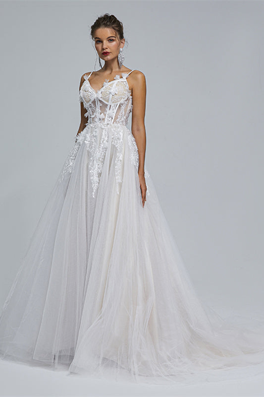 A-line Spaghetti strap Sweetheart Tulle Applique Floor-length Sleeveless Wedding Dress Cover-stylesnuggle