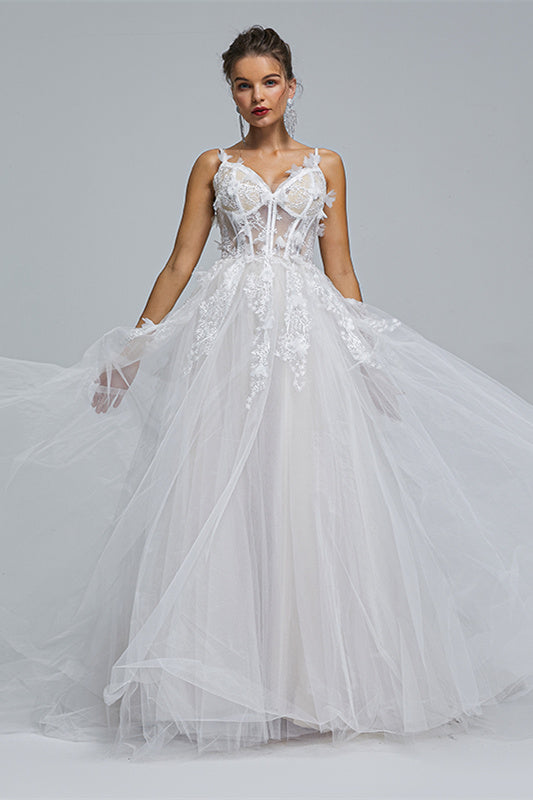 A-line Spaghetti strap Sweetheart Tulle Applique Floor-length Sleeveless Wedding Dress Cover-stylesnuggle