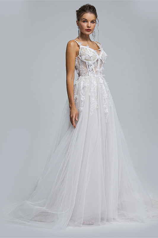 A-line Spaghetti strap Sweetheart Tulle Applique Floor-length Sleeveless Wedding Dress Cover-stylesnuggle