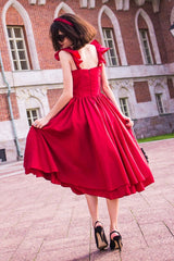 A-line Spaghetti Strap Tea Length Charmuse Homecoming Dress-stylesnuggle