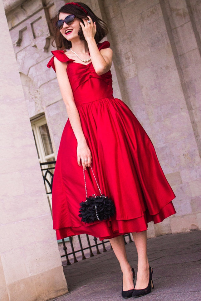 A-line Spaghetti Strap Tea Length Charmuse Homecoming Dress-stylesnuggle