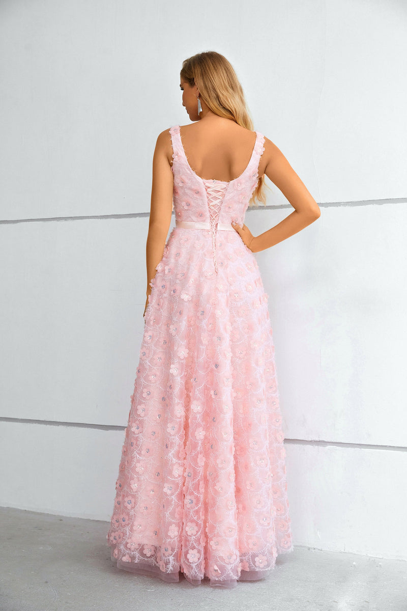 A-line Square Lace Applique Floor-length Sleeveless Backless Prom Dress-stylesnuggle