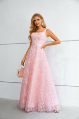 A-line Square Lace Applique Floor-length Sleeveless Backless Prom Dress-stylesnuggle