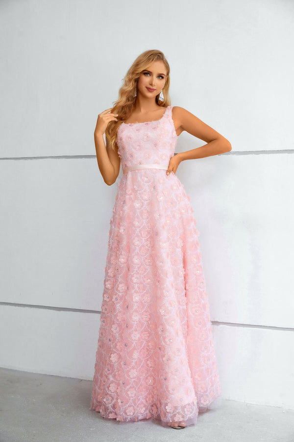 A-line Square Lace Applique Floor-length Sleeveless Backless Prom Dress-stylesnuggle