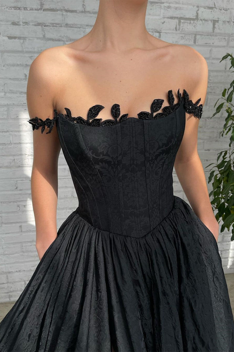 A-line Strapless Applique Off-the-shoulder Floor-length High Split Prom Dress-stylesnuggle