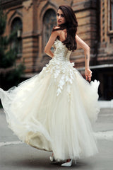 A-line Strapless Floor Length Charmuse Tulle Applique Wedding Dress-stylesnuggle