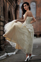 A-line Strapless Floor Length Charmuse Tulle Applique Wedding Dress-stylesnuggle