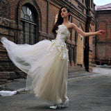 A-line Strapless Floor Length Charmuse Tulle Applique Wedding Dress-stylesnuggle