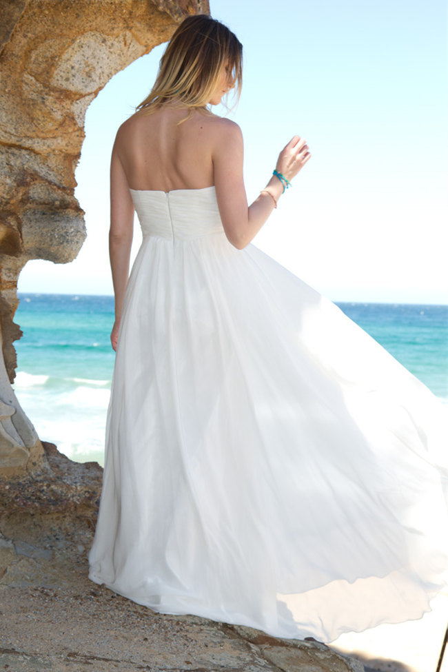 A-line Strapless Floor Length Court Chiffon Backless Wedding Dress-stylesnuggle