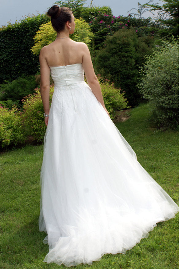 A-line Strapless Floor Length Tulle Applique Beaded Bow Wedding Dress-stylesnuggle