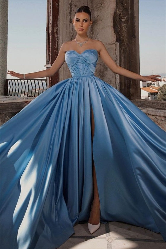 A-line Strapless High Split Floor-length Sleeveless Backless Prom Dress-stylesnuggle