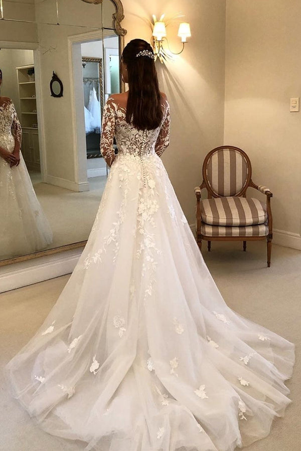 A-line Strapless Long Sleeves Court Train Tulle Applique Wedding Dress-stylesnuggle