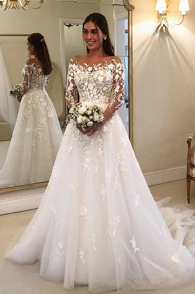 A-line Strapless Long Sleeves Court Train Tulle Applique Wedding Dress-stylesnuggle