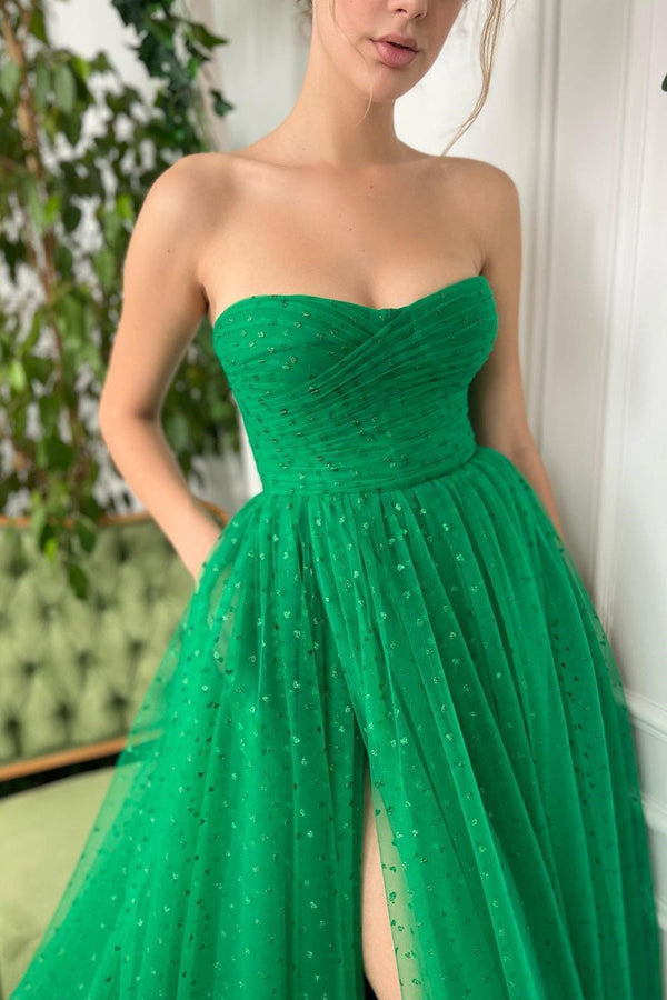 A-line Strapless Sweetheart Sequined Floor-length Sleeveless Open Back High Split Prom Dress-stylesnuggle