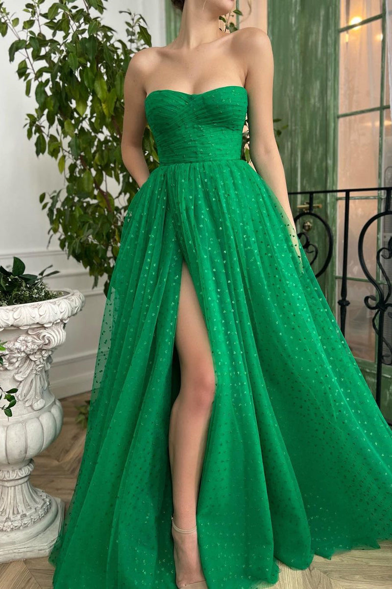 A-line Strapless Sweetheart Sequined Floor-length Sleeveless Open Back High Split Prom Dress-stylesnuggle