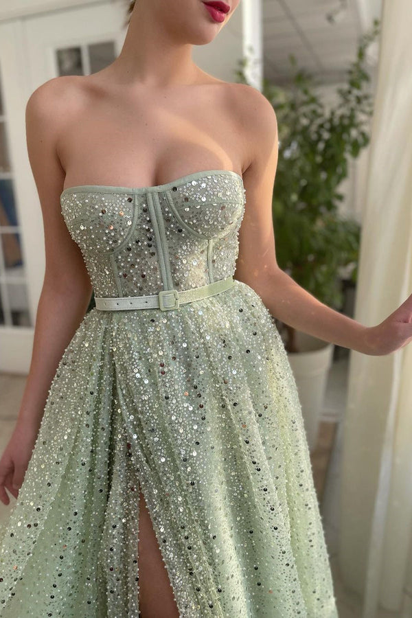 A-line Strapless Sweetheart Sequined High Split Floor-length Sleeveless Open Back Sexy Prom Dress-stylesnuggle